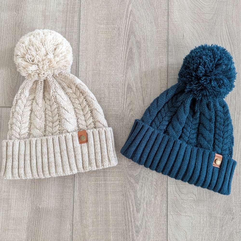 Cream and Blue Cable Knit Pom-Pom Hats